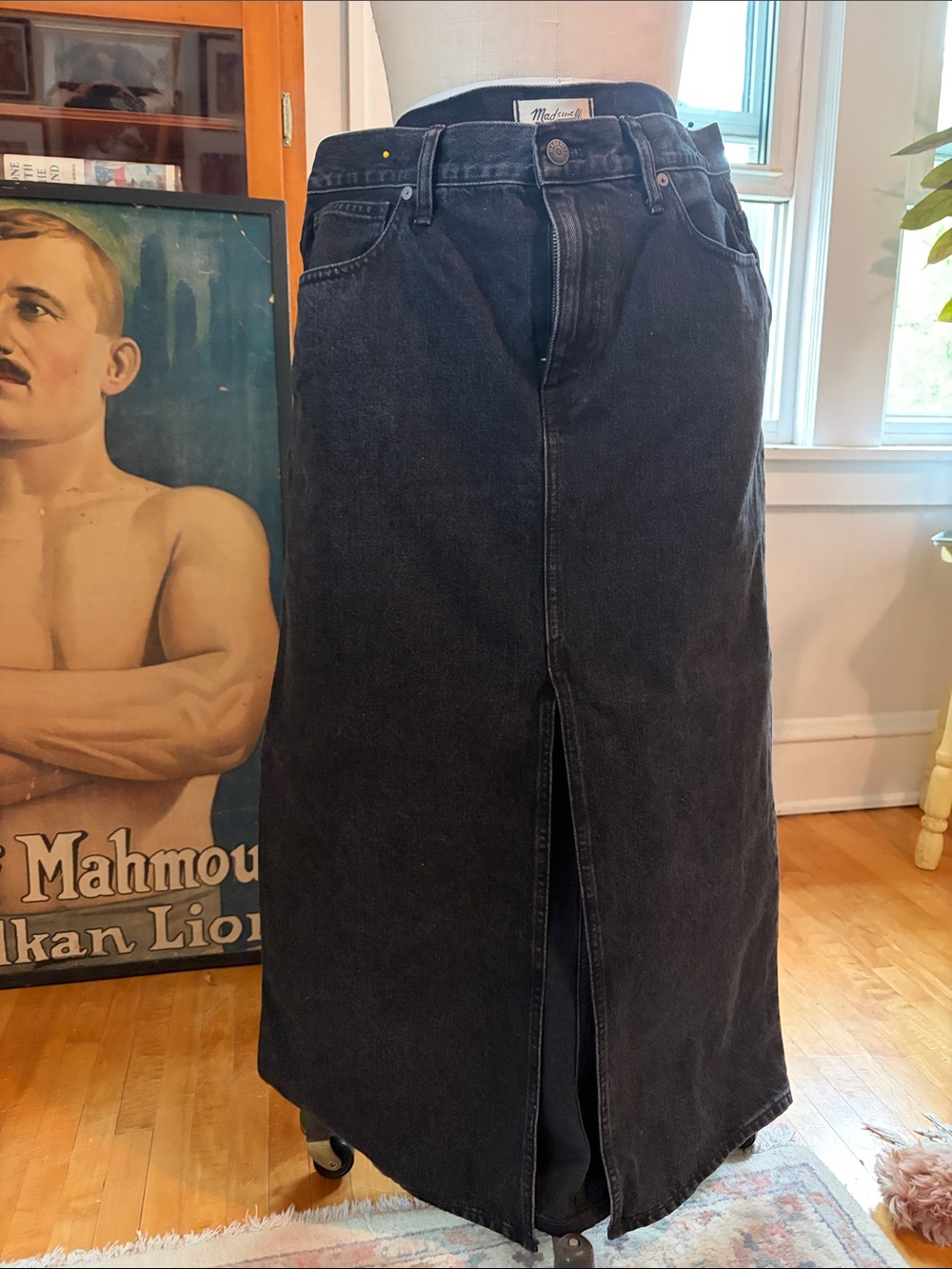 Madewell Classic Black Denim Maxi Skirt with Front Slit.